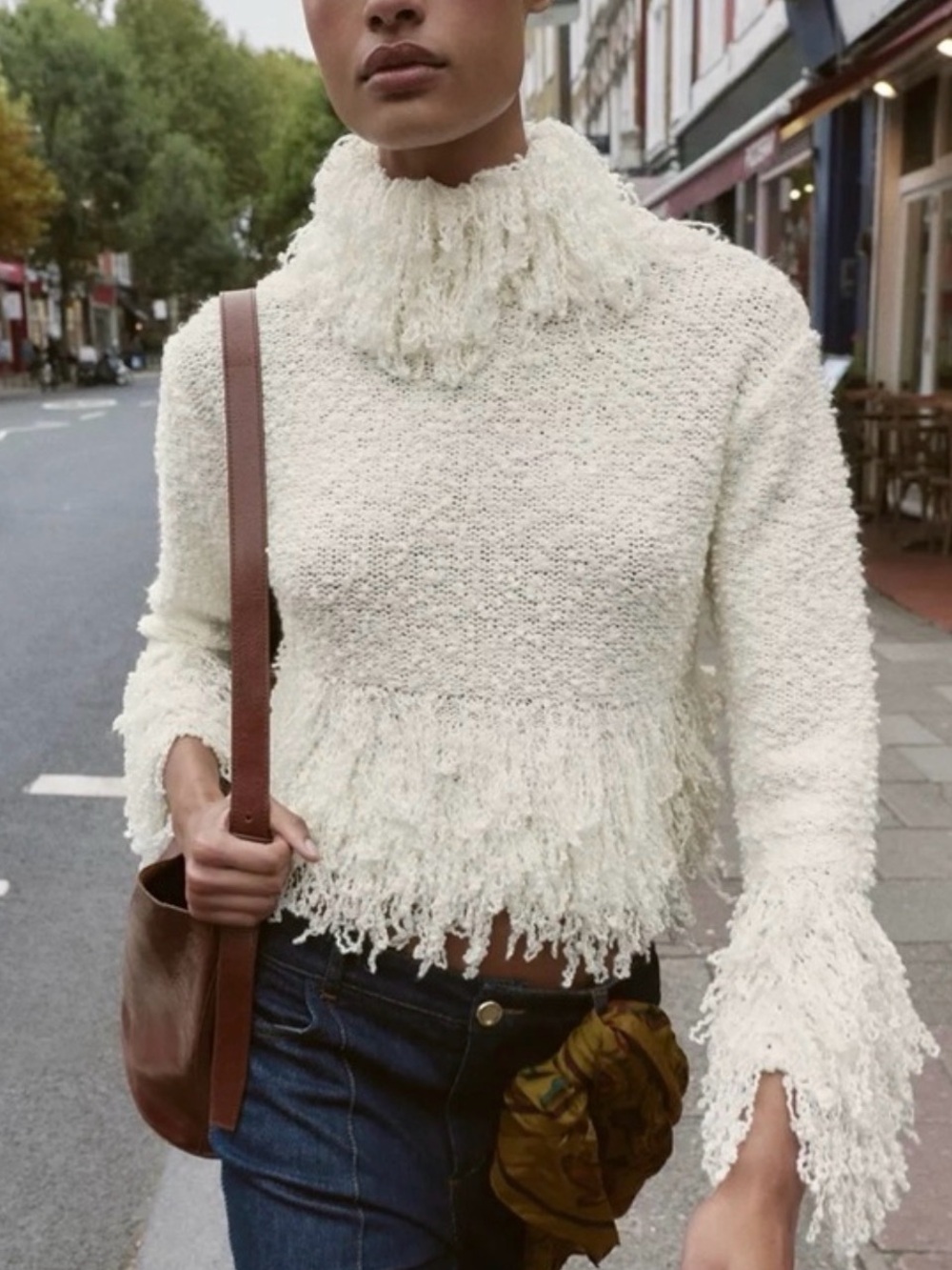 Zara Feather Knit Fringe Turtleneck Sweater Size Large New With Tag